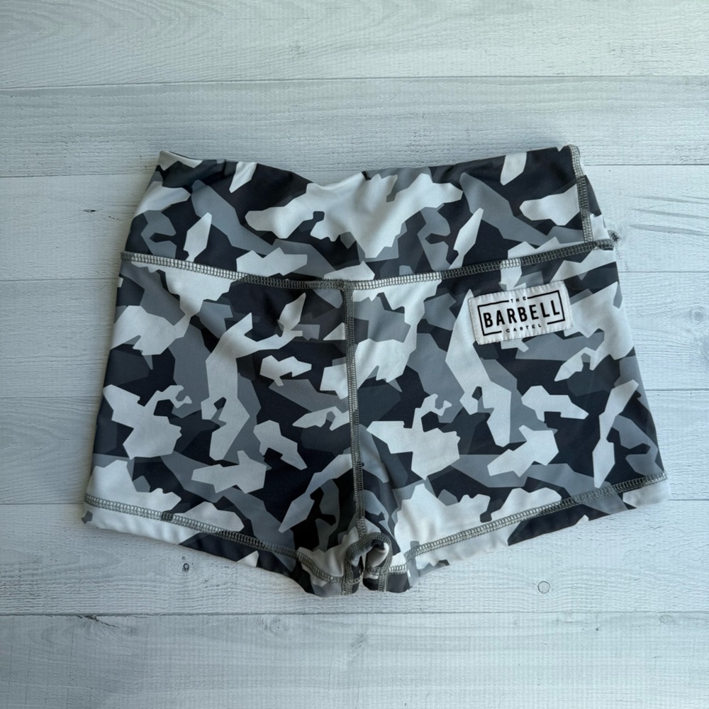 The Barbell Cartel Women’s Camo Gray, Black & White Comp Short 2.5” Size S
